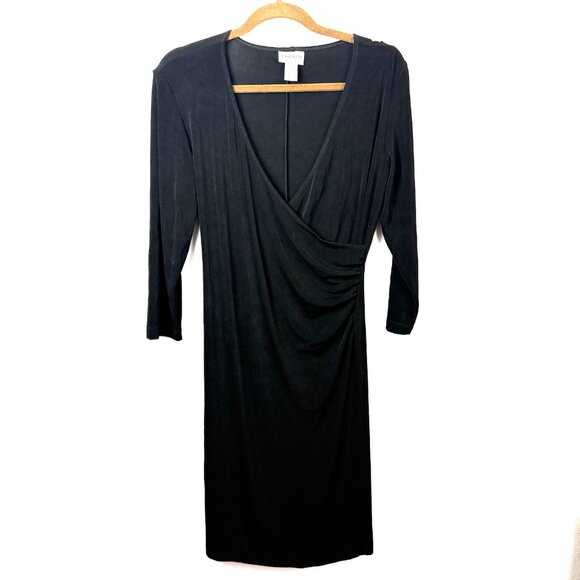 Chico's Travelers Black half Sleeve Faux Wrap Ruched Dress Slinky Knit Size 1 - Picture 1 of 8
